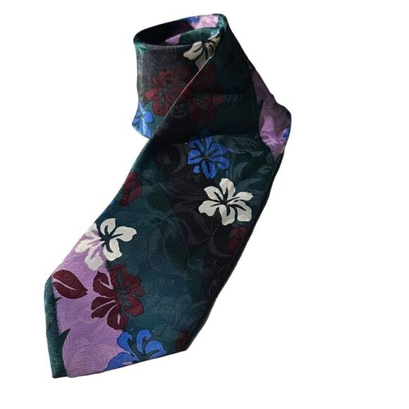 Vintage Green & Purple Tropical Flower Pattern Tie. - Picture 3 of 6